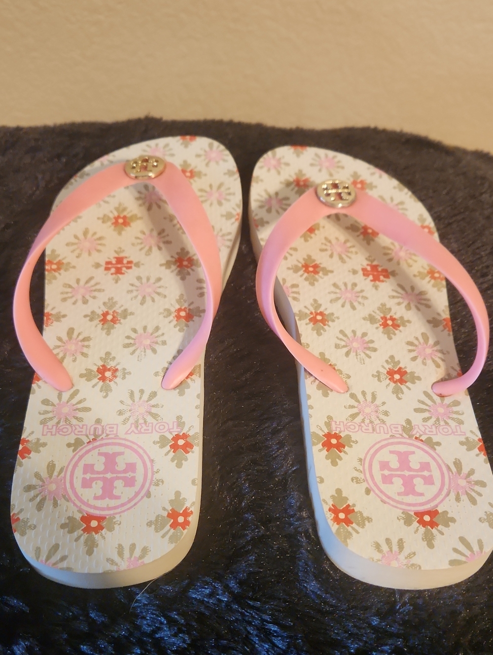 Tory Burch Pink Floral Logo Flip Flops